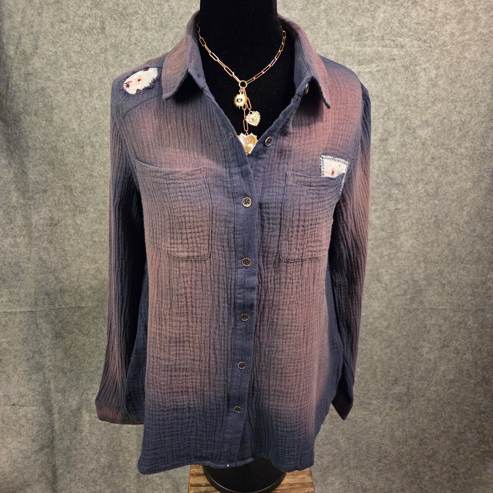 Mystree Sz S Double Gauze Cotton Acid Wash Distressed Button Down Purple/Blue
